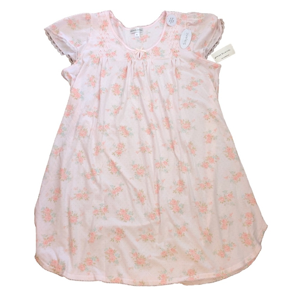 Miss Elaine Peach/Pink Floral Nightgown with Lace Trim New